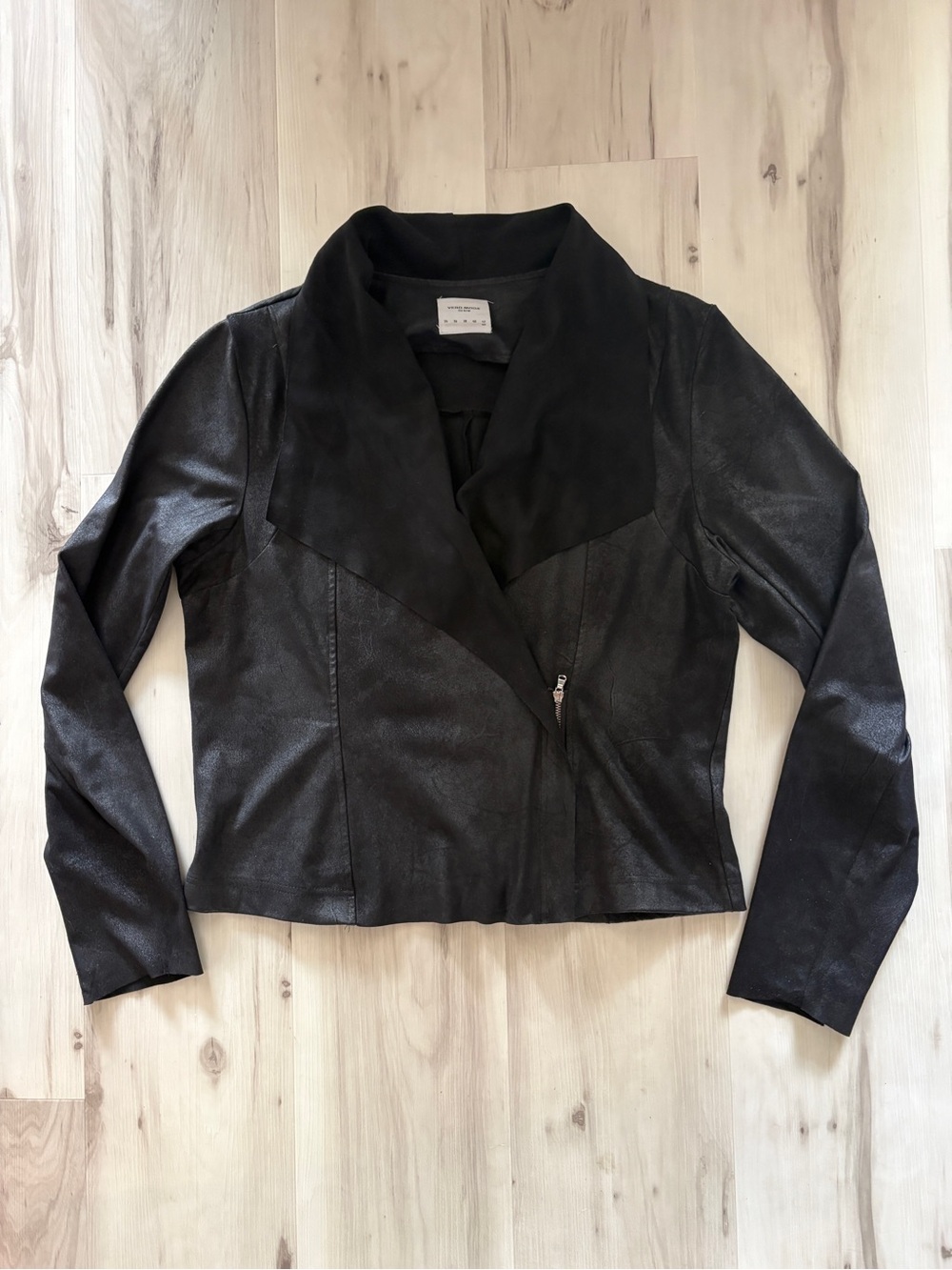 Vero Moda Vegan Suede Waterfall Drape Open Front Asymmetric Zip Jacket Black 10